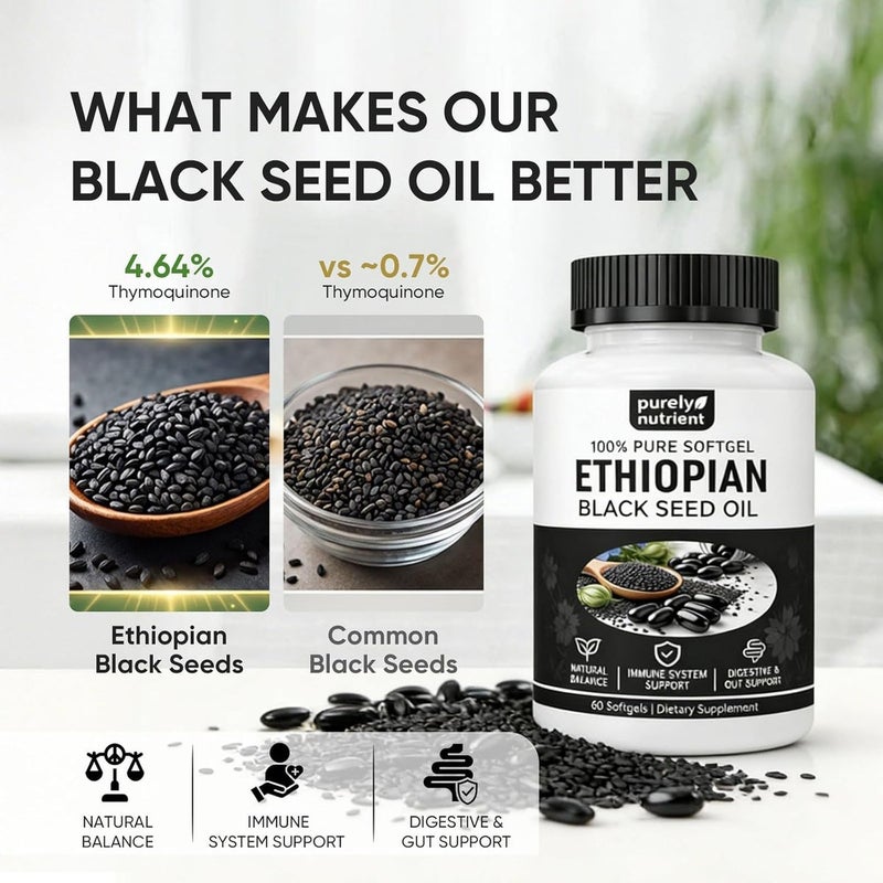 PURELYNUTRIENT Ethiopian Black Seed Oil Capsules 4.64% Thymoquinone – Purely Nutrient Organic Cold Pressed Black Cumin Seed Oil Softgels, Non-GMO, Gluten-Free, 60 Softgels - Image 3