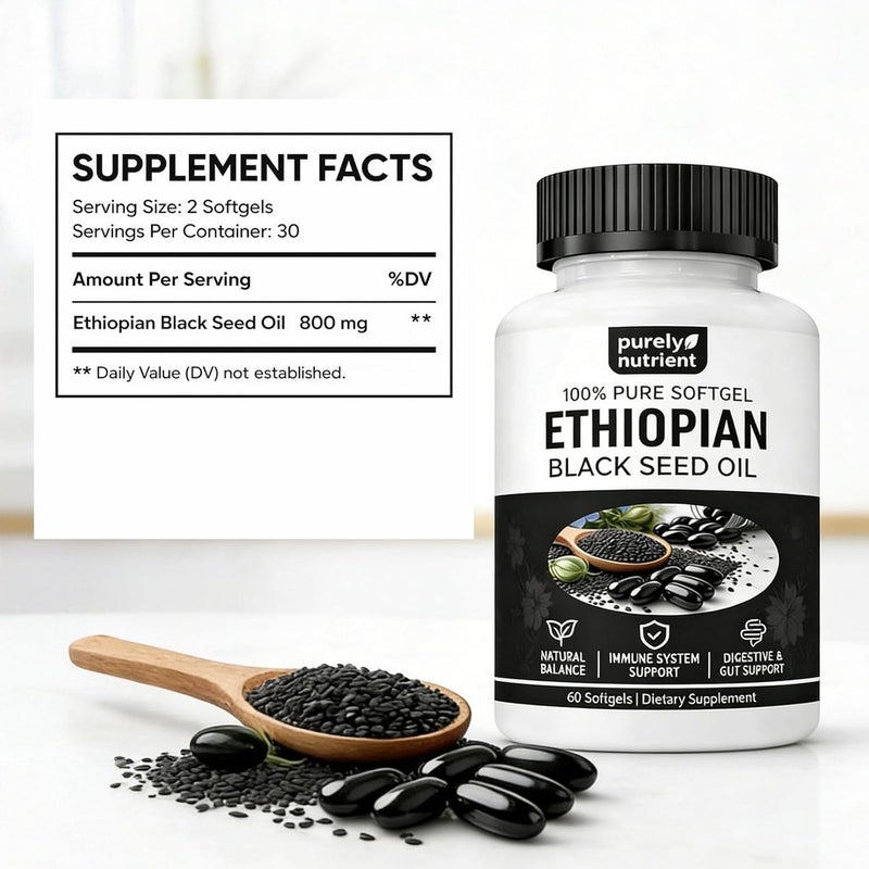 PURELYNUTRIENT Ethiopian Black Seed Oil Capsules 4.64% Thymoquinone – Purely Nutrient Organic Cold Pressed Black Cumin Seed Oil Softgels, Non-GMO, Gluten-Free, 60 Softgels - Image 4
