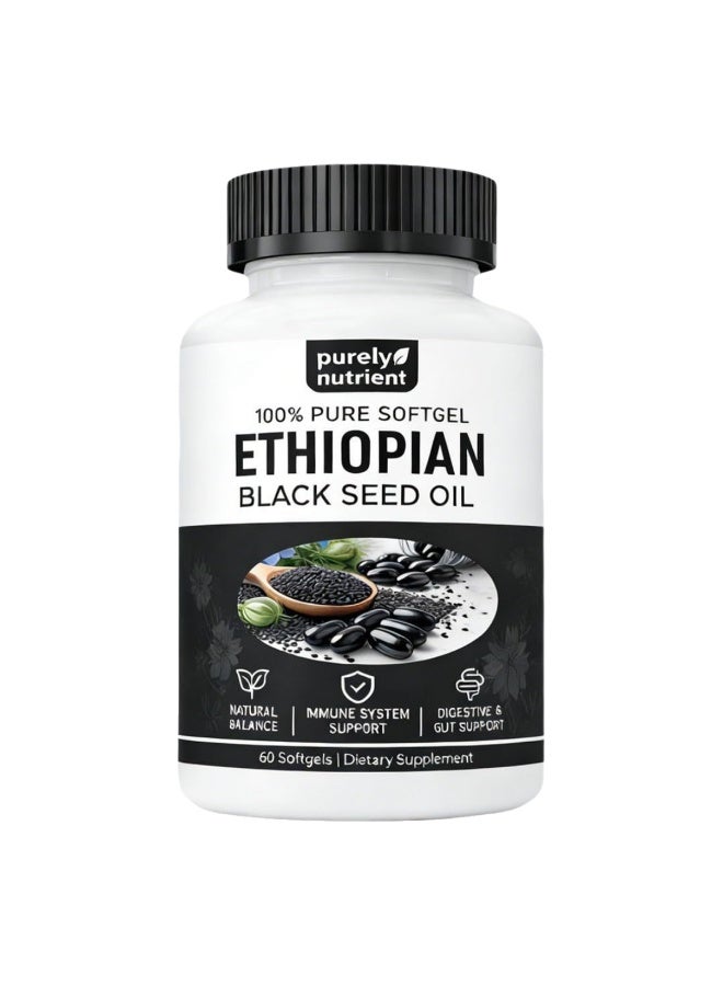 PURELYNUTRIENT Ethiopian Black Seed Oil Capsules 4.64% Thymoquinone – Purely Nutrient Organic Cold Pressed Black Cumin Seed Oil Softgels, Non-GMO, Gluten-Free, 60 Softgels - Image 1