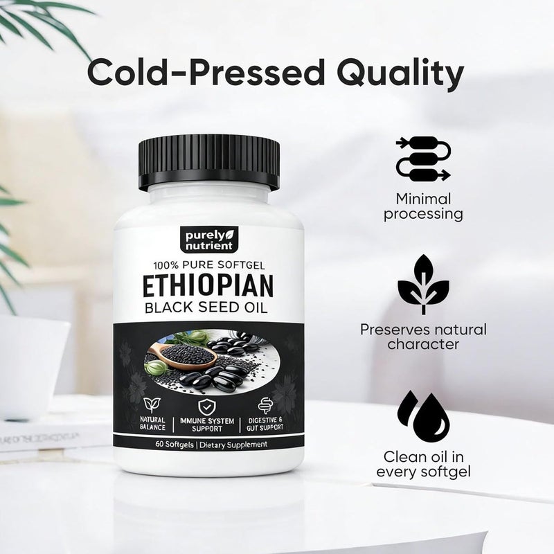 PURELYNUTRIENT Ethiopian Black Seed Oil Capsules 4.64% Thymoquinone – Purely Nutrient Organic Cold Pressed Black Cumin Seed Oil Softgels, Non-GMO, Gluten-Free, 60 Softgels - Image 5