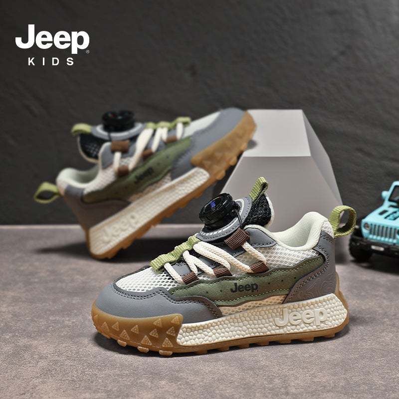 Jeep Girls' Shoes 2025 Rotating Button Children'S Breathable Single Mesh Sports Shoes Plaid And Lightweight Boys - Image 1