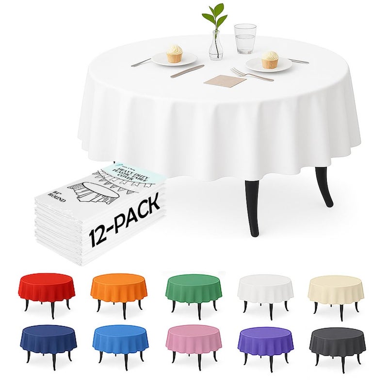 Craft And Party 12 Pack White Plastic Tablecloths, 84 Inch Round Disposable Table Covers, Heavy Duty & Waterproof for Parties, Events, Banquets, White - Image 1
