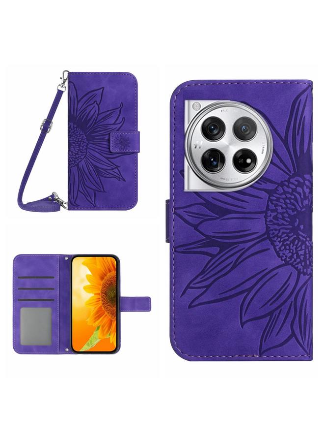 Green Tiger For OnePlus 12R 5G Global Skin Feel Sun Flower Embossed Leather Phone Case with Lanyard(Dark Purple)