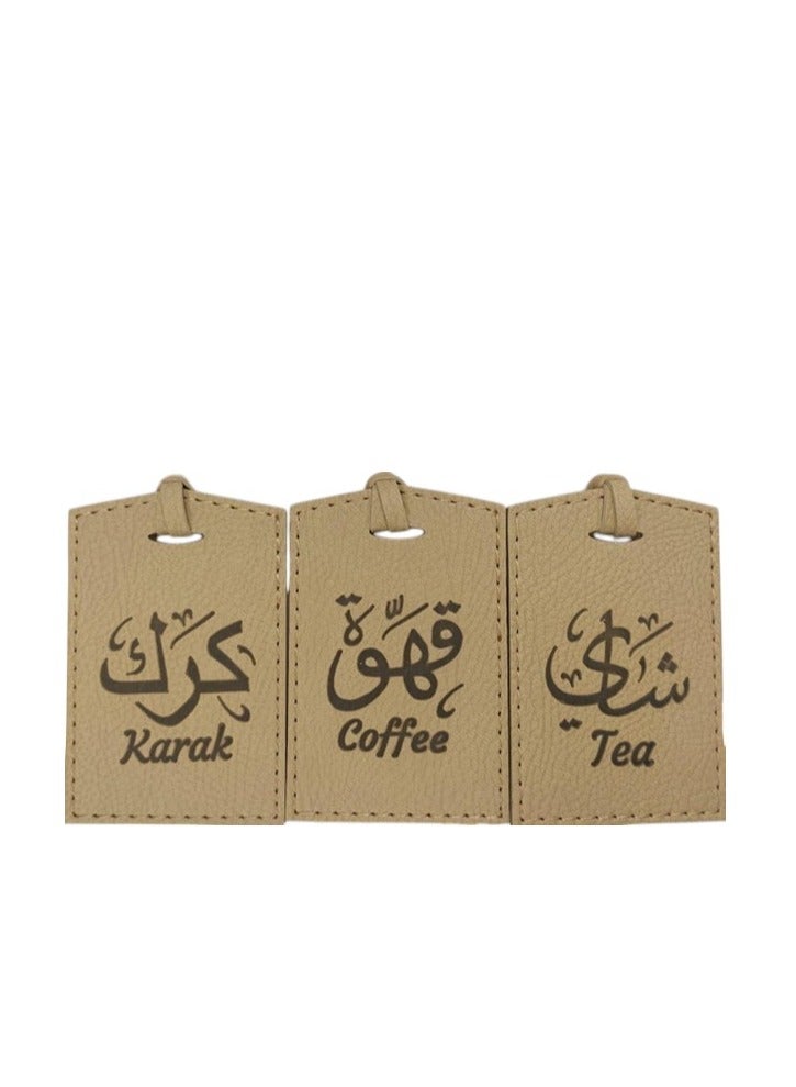 Bayti H.H. Selsela Leather Hanging Tags – Elegant Dallah Name Labels for Tea, Karak & Coffee Set C (Beige Set of 3)