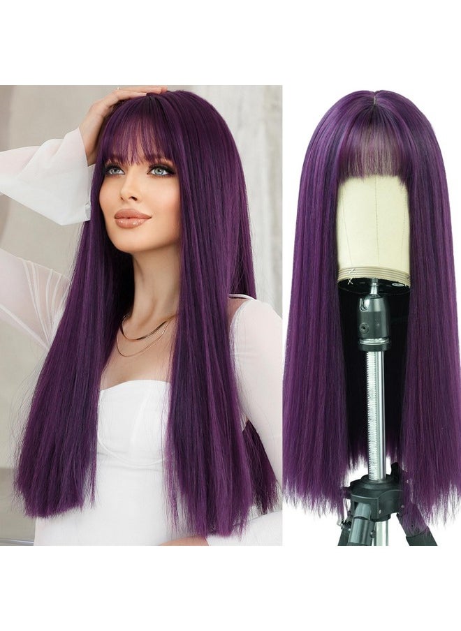 7JHH WIGS Dark Purple Wig With Bang For Women 23In Long Straight Synthetic Wig For Girl Emo Cosplay And Daily Use  - Image 1