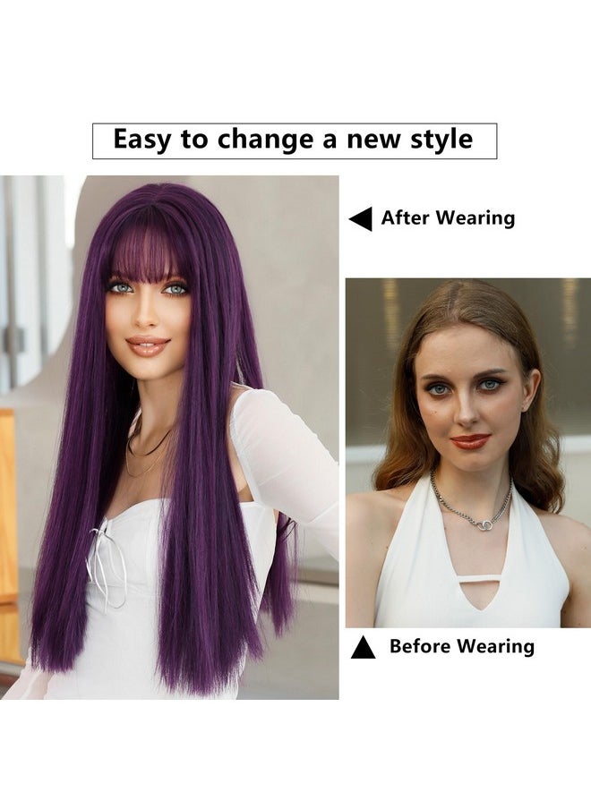 7JHH WIGS Dark Purple Wig With Bang For Women 23In Long Straight Synthetic Wig For Girl Emo Cosplay And Daily Use  - Image 2