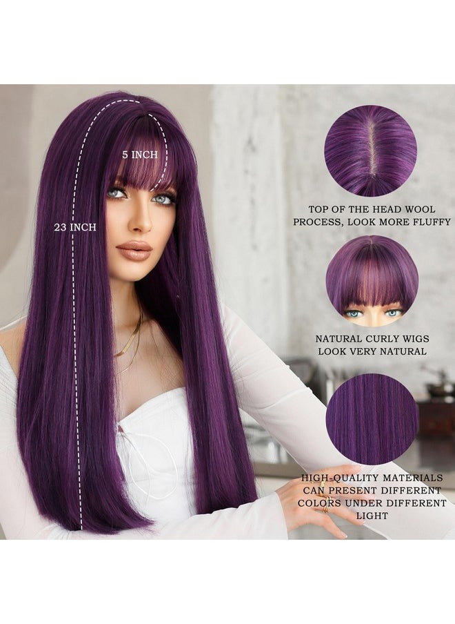 7JHH WIGS Dark Purple Wig With Bang For Women 23In Long Straight Synthetic Wig For Girl Emo Cosplay And Daily Use  - Image 3