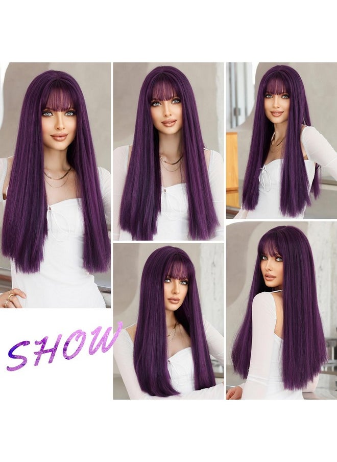 7JHH WIGS Dark Purple Wig With Bang For Women 23In Long Straight Synthetic Wig For Girl Emo Cosplay And Daily Use  - Image 5
