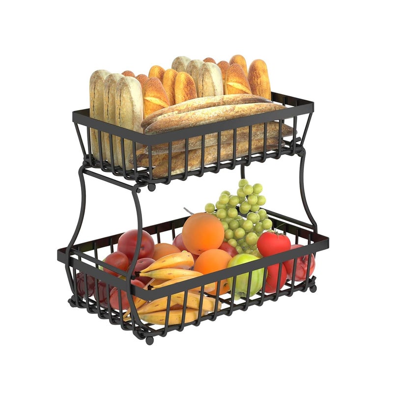 Kitwe 2 Tier Fruit Basket Bowl with 2 Banana Hangers for Kitchen Counter Countertop Fruit Storage Produce Basket Metal Vegetable Holder Stand Organizer for Bread Snack Veggies Potato Black - Image 1