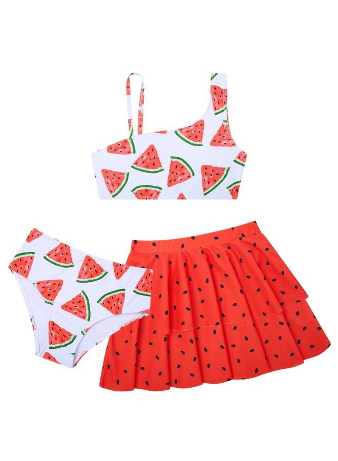RAISEVERN Girls Bathing Suit 5T 3 Piece Swimsuit Size 6 Adjustable Spaghetti Strap Watermelon Bikini Sets with Ruffle Cover Ups Beach Skirt Cute Quick Dry Tankini Summer Swimwear - Image 1
