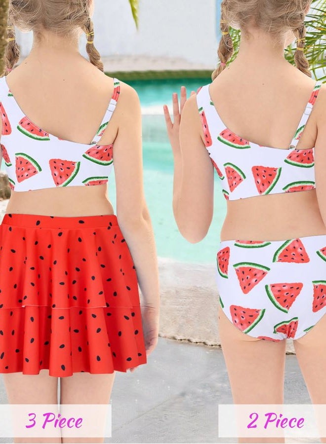 RAISEVERN Girls Bathing Suit 5T 3 Piece Swimsuit Size 6 Adjustable Spaghetti Strap Watermelon Bikini Sets with Ruffle Cover Ups Beach Skirt Cute Quick Dry Tankini Summer Swimwear - Image 3