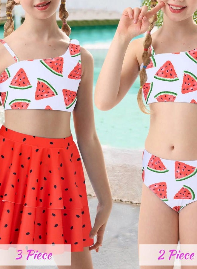 RAISEVERN Girls Bathing Suit 5T 3 Piece Swimsuit Size 6 Adjustable Spaghetti Strap Watermelon Bikini Sets with Ruffle Cover Ups Beach Skirt Cute Quick Dry Tankini Summer Swimwear - Image 2
