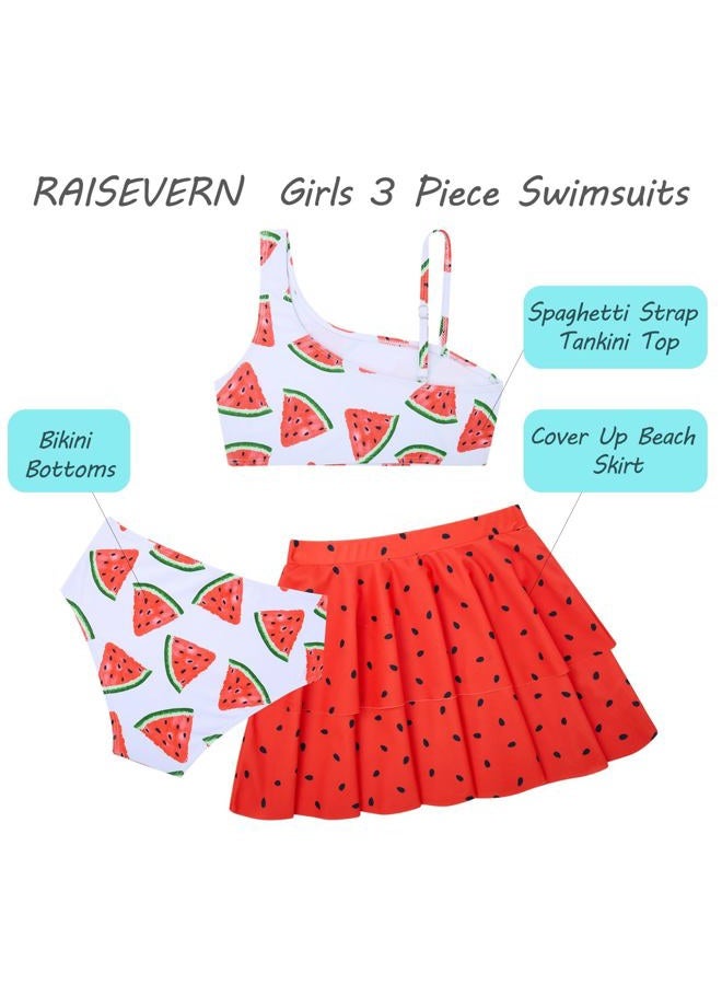 RAISEVERN Girls Bathing Suit 5T 3 Piece Swimsuit Size 6 Adjustable Spaghetti Strap Watermelon Bikini Sets with Ruffle Cover Ups Beach Skirt Cute Quick Dry Tankini Summer Swimwear - Image 4