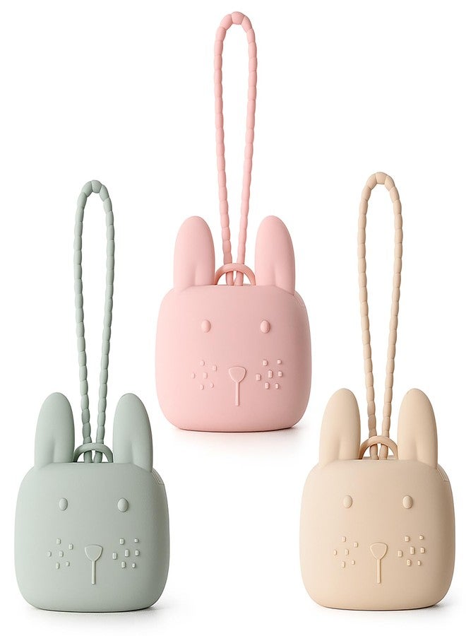 ROCCED Pacifier Holder Case Silicone Bunny Design Pacifiers Pouch with Soft Silicone Strap, Travel Storage for Stroller & Diaper Bag, Pacifier Holder Pouch for Baby, Set of 3 Beige Dusty Green Pink - Image 1