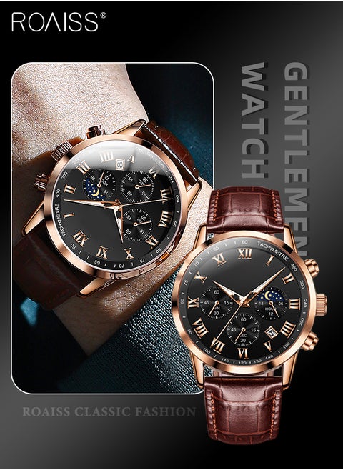Leather Strap Chronograph Quartz Watch for Men Round Black Dial with Moon Phase and Calendar Display Waterproof Luminous Wristwatch as Gift for Men