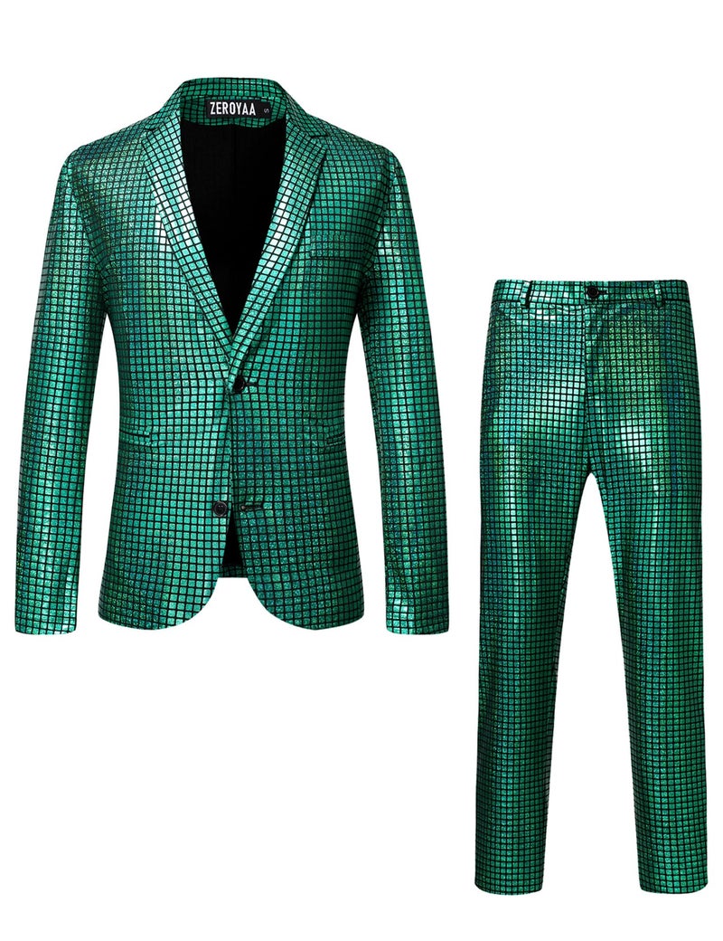 ZEROYAA Men's 70s Disco Suits Metallic Shiny Sequin Outfits Blazer and Pants Set Dance Party Costume Green Medium - Image 1
