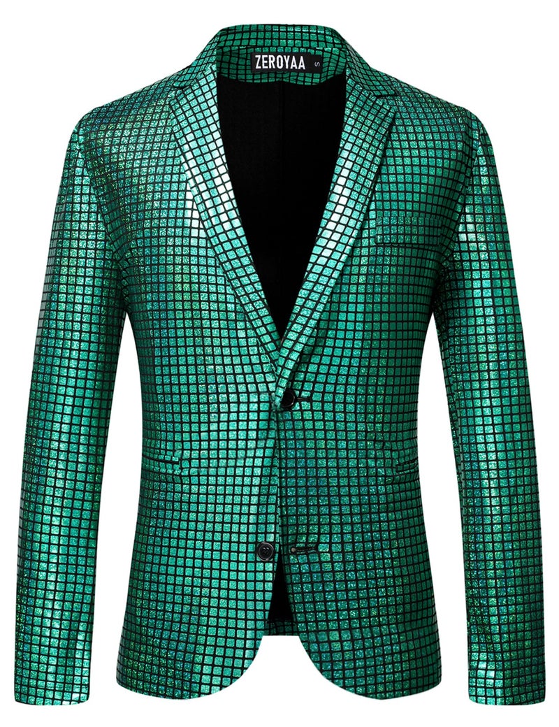 ZEROYAA Men's 70s Disco Suits Metallic Shiny Sequin Outfits Blazer and Pants Set Dance Party Costume Green Medium - Image 2