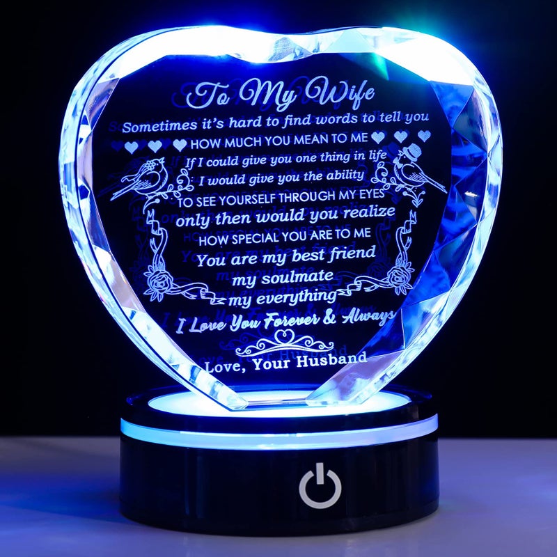 YWHL Gifts for Wife with Colorful LED Base I Love You Gifts for Her from Husband Best Wife Anniversary Birthday Gift Ideas Romantic to My Wife Crystal Keepsakes Presents