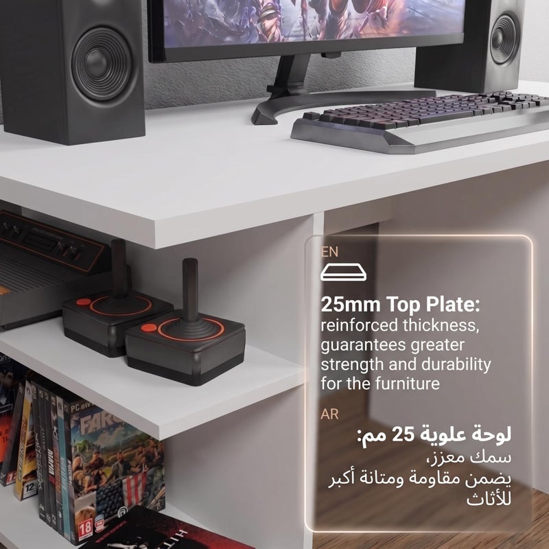 Kovè | Modern Gaming Computer Desk with 5 Shelves & Cable Management | Large Monitor Stand Workstation | Wooden PC Desk for Home Office & Gaming Setup | 136×60×75 cm – White - Image 4