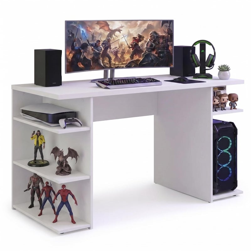 Kovè | Modern Gaming Computer Desk with 5 Shelves & Cable Management | Large Monitor Stand Workstation | Wooden PC Desk for Home Office & Gaming Setup | 136×60×75 cm – White - Image 1