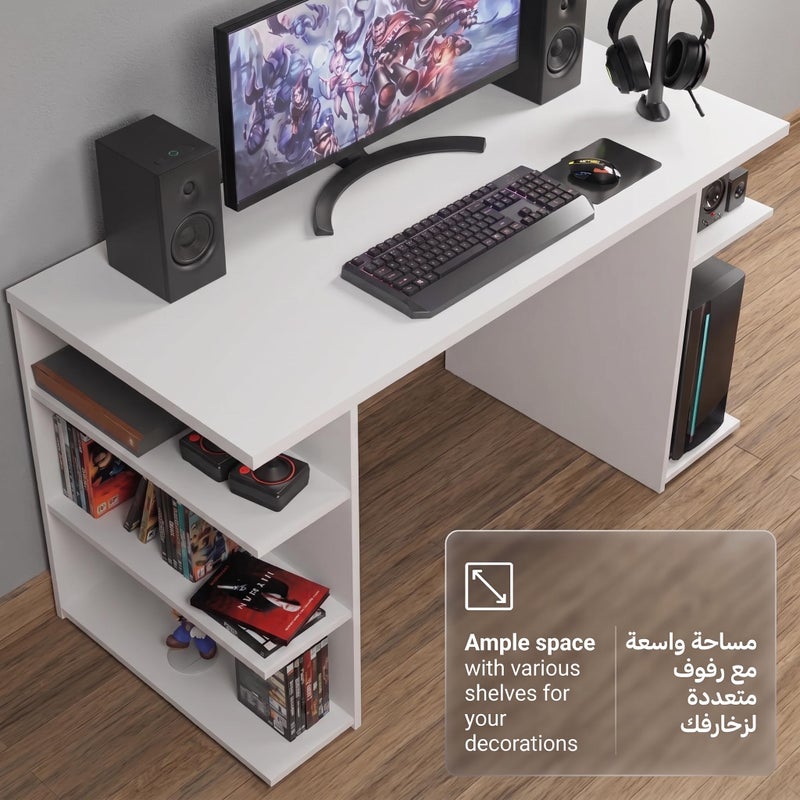 Kovè | Modern Gaming Computer Desk with 5 Shelves & Cable Management | Large Monitor Stand Workstation | Wooden PC Desk for Home Office & Gaming Setup | 136×60×75 cm – White - Image 5