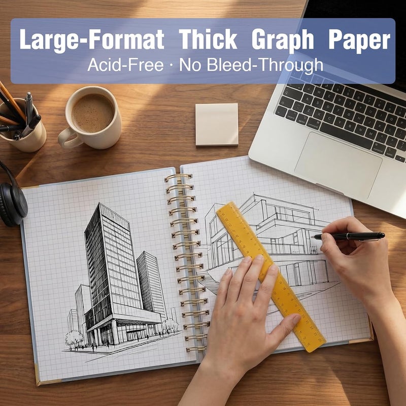 Amanple Graph Paper Notebook, 8.5” x 5.5” Graphing Notebook, 300 Pages, Large A5 Hardcover Grid Notebook Journal, Graph Paper Spiral Notebook with Thick Paper, Pockets for School and Office Supplies, Blue - Image 2
