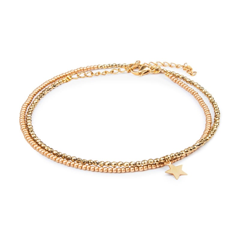 Minza “Star Pendant” Women’s Gold Anklet, Pure 18K Gold Star Charm, Hematite Stones & Czech Beads, Adjustable Chain Anklet, Jewelry for Casual & Summer Wear. - Image 1
