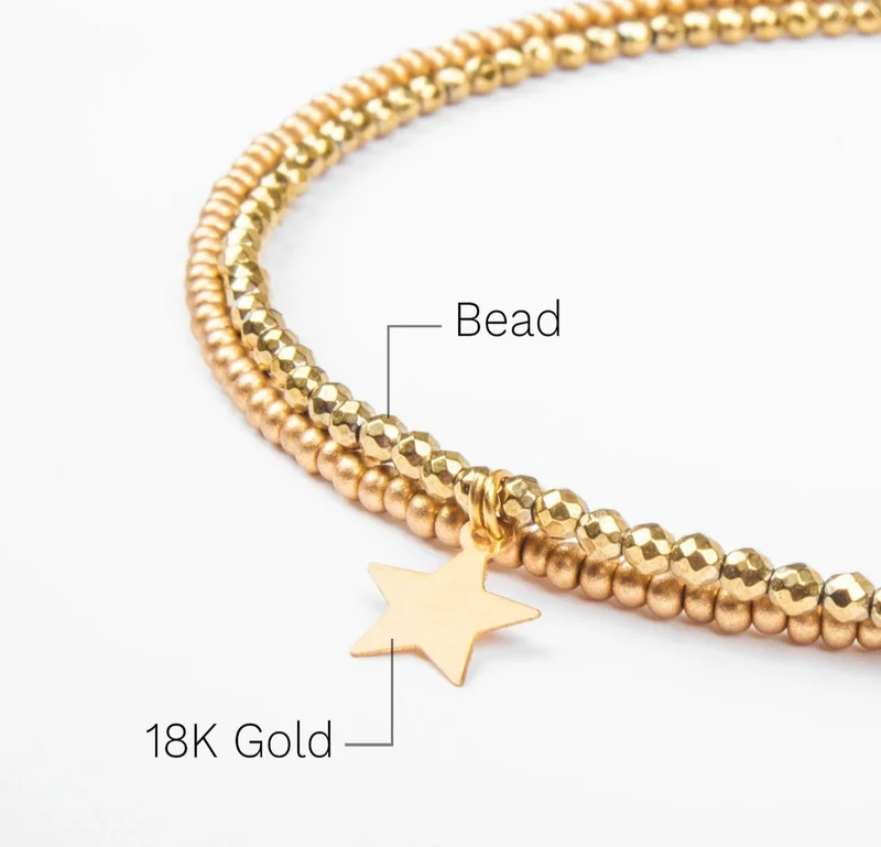 Minza  Minza “Star Pendant” Women’s Gold Anklet, Pure 18K Gold Star Charm, Hematite Stones & Czech Beads, Adjustable Chain Anklet, Jewelry for Casual & Summer Wear. for Women | Best Price UAE