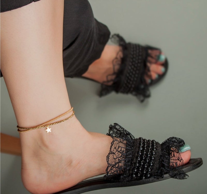 Minza “Star Pendant” Women’s Gold Anklet, Pure 18K Gold Star Charm, Hematite Stones & Czech Beads, Adjustable Chain Anklet, Jewelry for Casual & Summer Wear. - Image 2