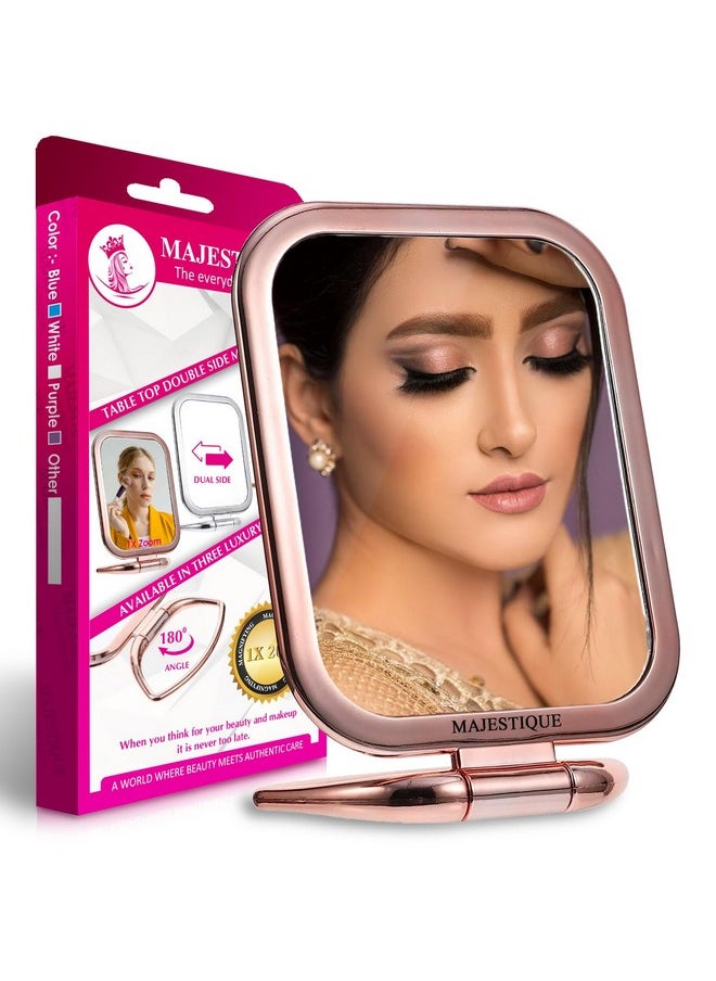 MAJESTIQUE MAJESTIQUE Tabletop Mount Double Side Makeup Mirror, 1X/20X Square Zoom Mirror, Vanity Mirror with Stand for Desk Table Camping Travel Personal, 180 Degree - Rose Gold  - Image 1