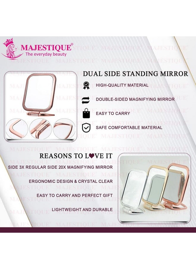 MAJESTIQUE MAJESTIQUE Tabletop Mount Double Side Makeup Mirror, 1X/20X Square Zoom Mirror, Vanity Mirror with Stand for Desk Table Camping Travel Personal, 180 Degree - Rose Gold  - Image 3