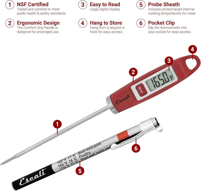 Escali DH1 Gourmet Digital Meat Thermometer with Extra Long Probe, NSF Certified, Red - Image 2