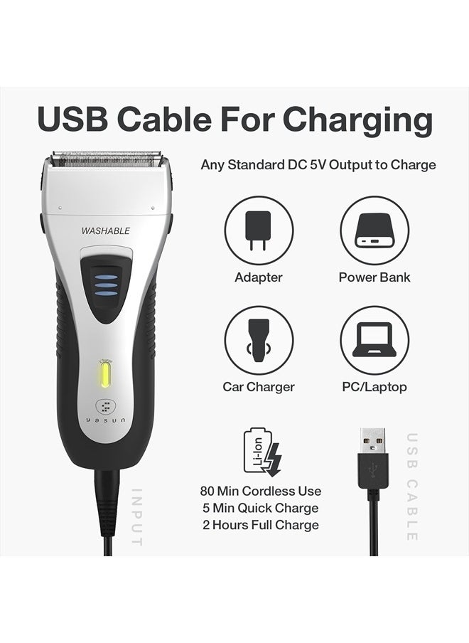YASUN Electric Razor for Men, YASUN Men's Double Foil Electric Razor, Wet/Dry IPX7 Waterproof Electric Shavers for Men with Pop-up Beard Trimmer, Cordless Rechargeable Mens Razor - YS5800 Silver & Black  - Image 5