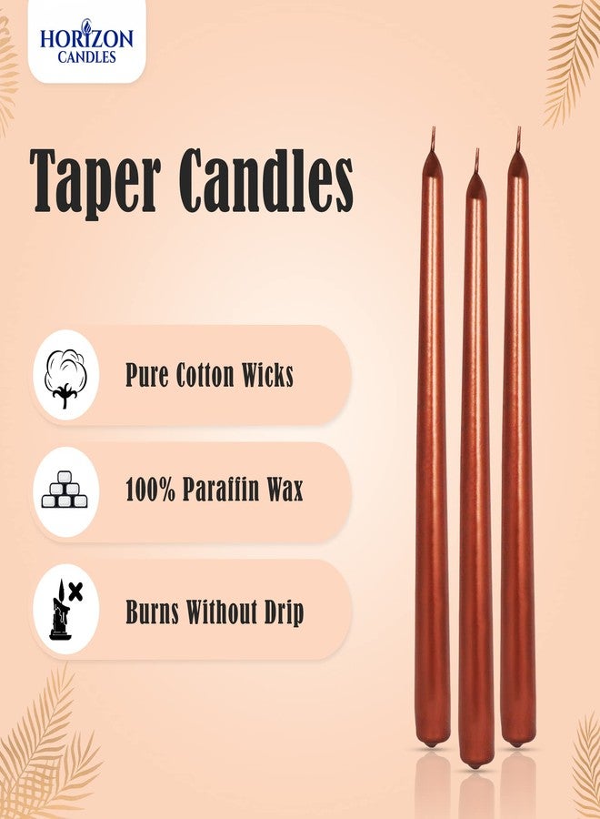 horizon candles مجموعة شموع هورايزون المخروطية غير المعطرة، 10 قطع - شموع تدوم 9 ساعات، بدون دخان أو تقطير، مثالية لتزيين طاولات حفلات الزفاف، وحفلات العشاء، والاحتفالات، وديكور المنزل - لون نحاسي معدني - Image 3