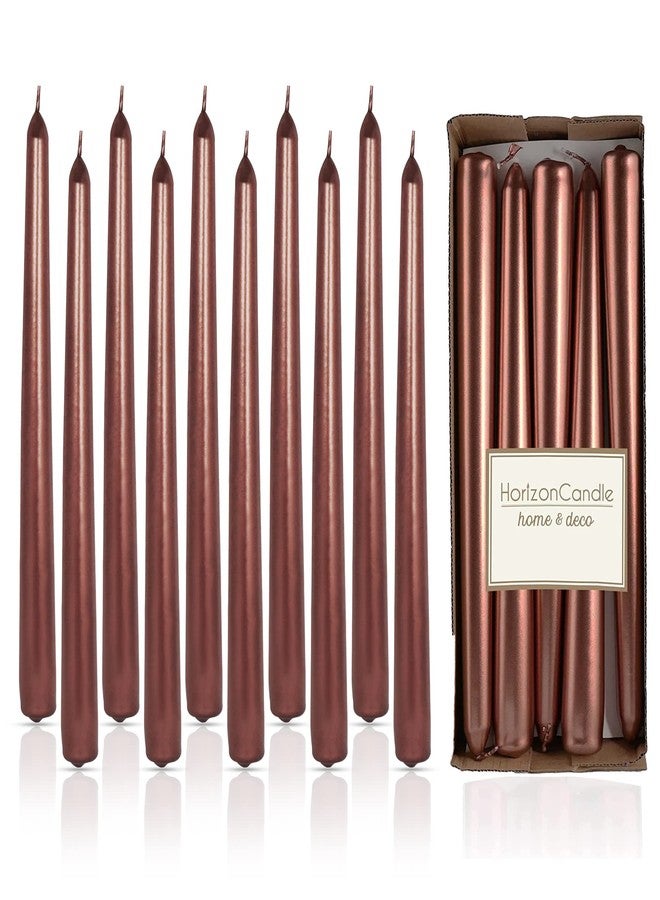 horizon candles مجموعة شموع هورايزون المخروطية غير المعطرة، 10 قطع - شموع تدوم 9 ساعات، بدون دخان أو تقطير، مثالية لتزيين طاولات حفلات الزفاف، وحفلات العشاء، والاحتفالات، وديكور المنزل - لون نحاسي معدني - Image 1