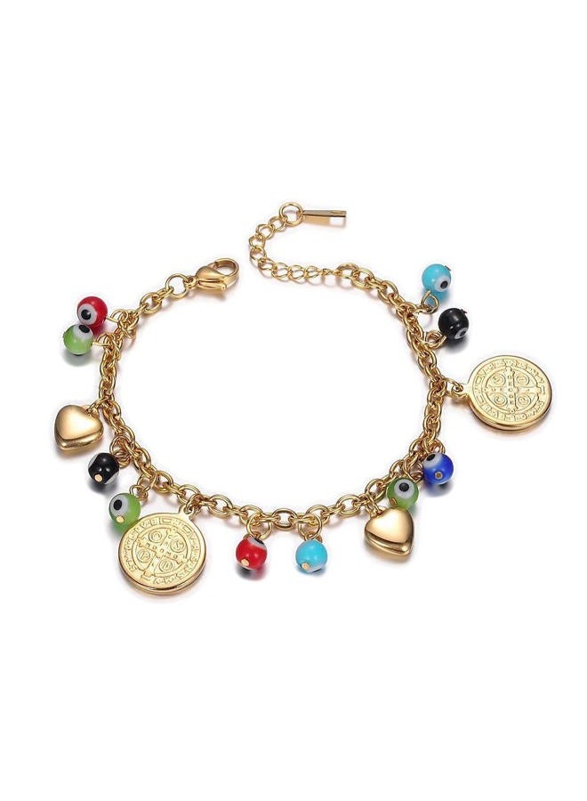 LZD Stainless Steel Charm Bracelet Evil Eye Beads Lobster San Benito Silver 7" Z39 (Gold) - Image 1