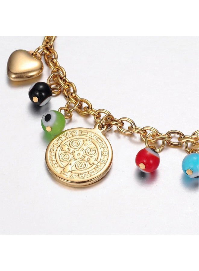 LZD Stainless Steel Charm Bracelet Evil Eye Beads Lobster San Benito Silver 7" Z39 (Gold) - Image 2