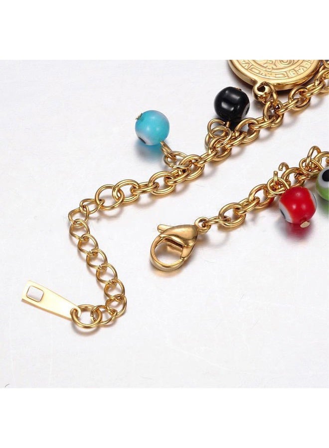 LZD Stainless Steel Charm Bracelet Evil Eye Beads Lobster San Benito Silver 7" Z39 (Gold) - Image 3