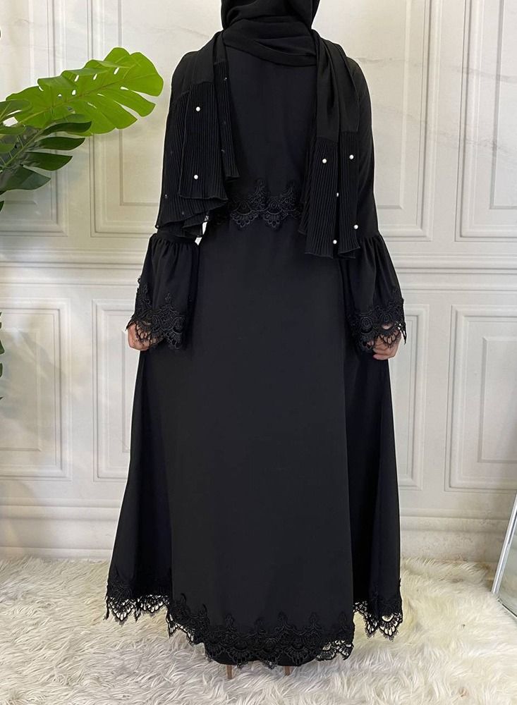Loquat Fashion Lace Patchwork Dress Abaya Black  - Image 3