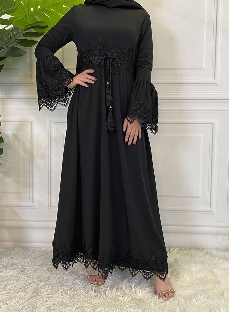 Loquat Fashion Lace Patchwork Dress Abaya Black  - Image 2