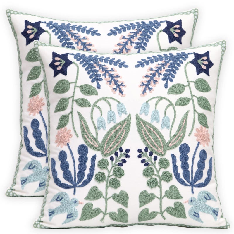 Pilmandu Pack of 2 Embroidered Decorative Throw Pillow Cover 18x18 Inch Farmhouse Floral Pillowcase for Living Room Sofa Bed Bird Flower