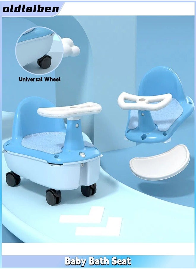 oldlaiben Baby Bath Seat, Storage Shell + Universal Wheels + Traction Rope + Tray, 4 Anti-Slip Powerful Suction Cups, Assorted, Ideal Gift for Infants 0-24 Months!（Blue)  - Image 1
