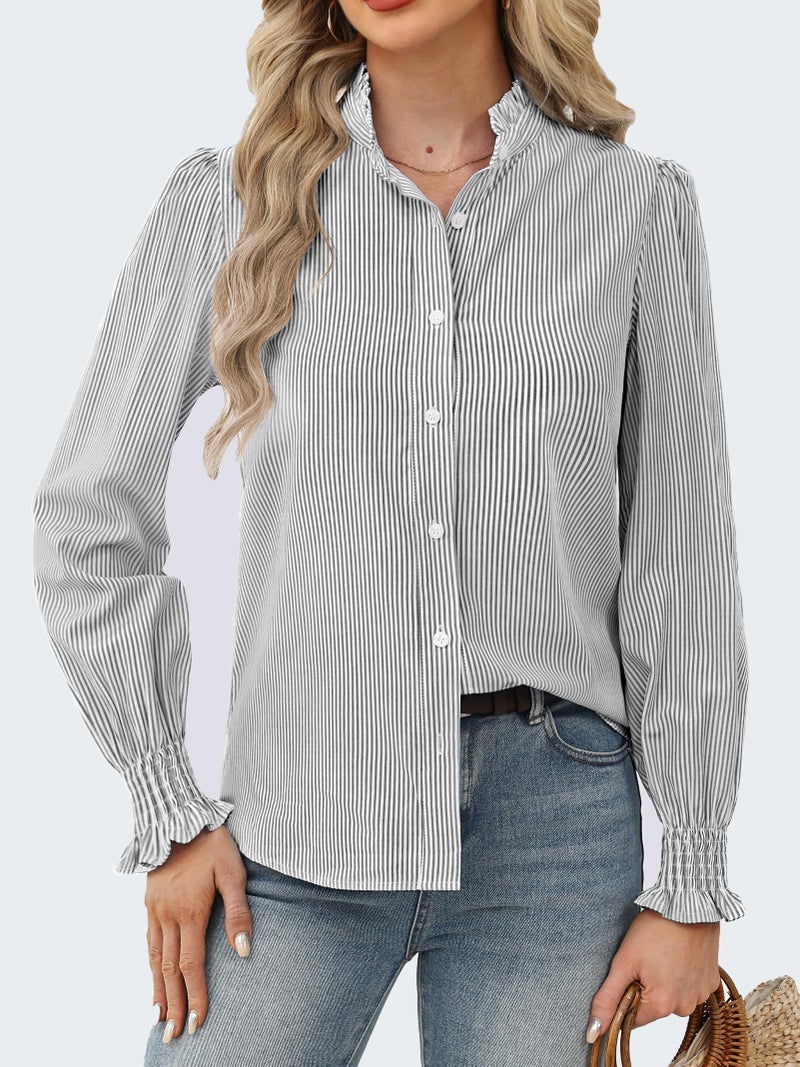 Funlingo Women's Striped Button Down Shirts Long Sleeve Smocked Cuffed Ruffle Collar Blouses 2026 Spring Work Business Casual Tops Black White S - Image 2