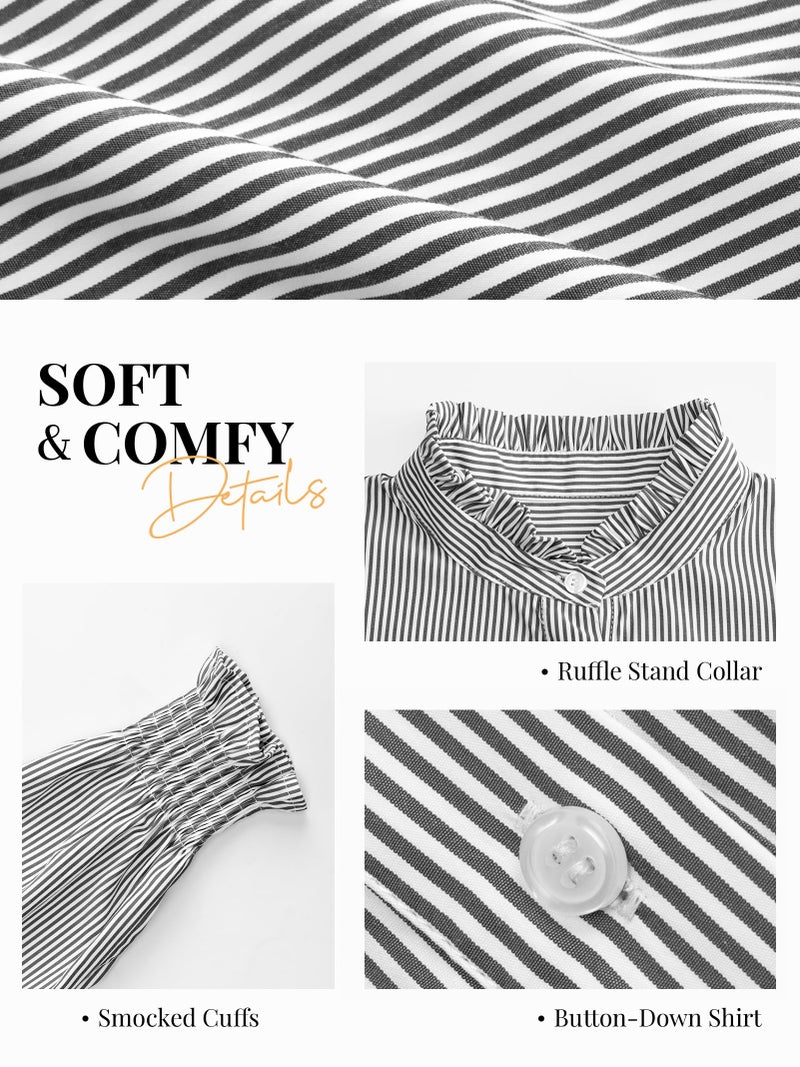 Funlingo Women's Striped Button Down Shirts Long Sleeve Smocked Cuffed Ruffle Collar Blouses 2026 Spring Work Business Casual Tops Black White S - Image 5