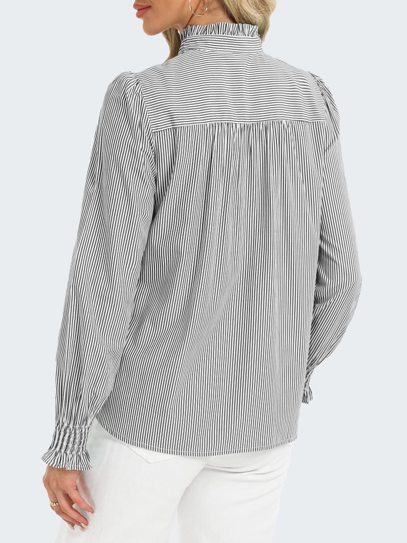 Funlingo Women's Striped Button Down Shirts Long Sleeve Smocked Cuffed Ruffle Collar Blouses 2026 Spring Work Business Casual Tops Black White S - Image 4