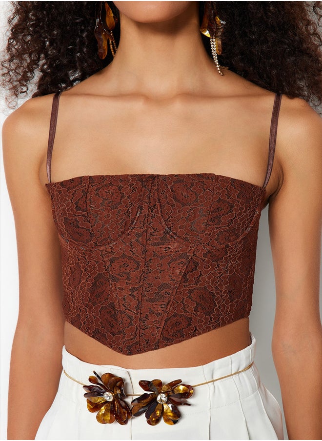 trendyol - Brown Crop Lined Corset Detailed Lace Bustier TPRAW23BS00072 - Image 1
