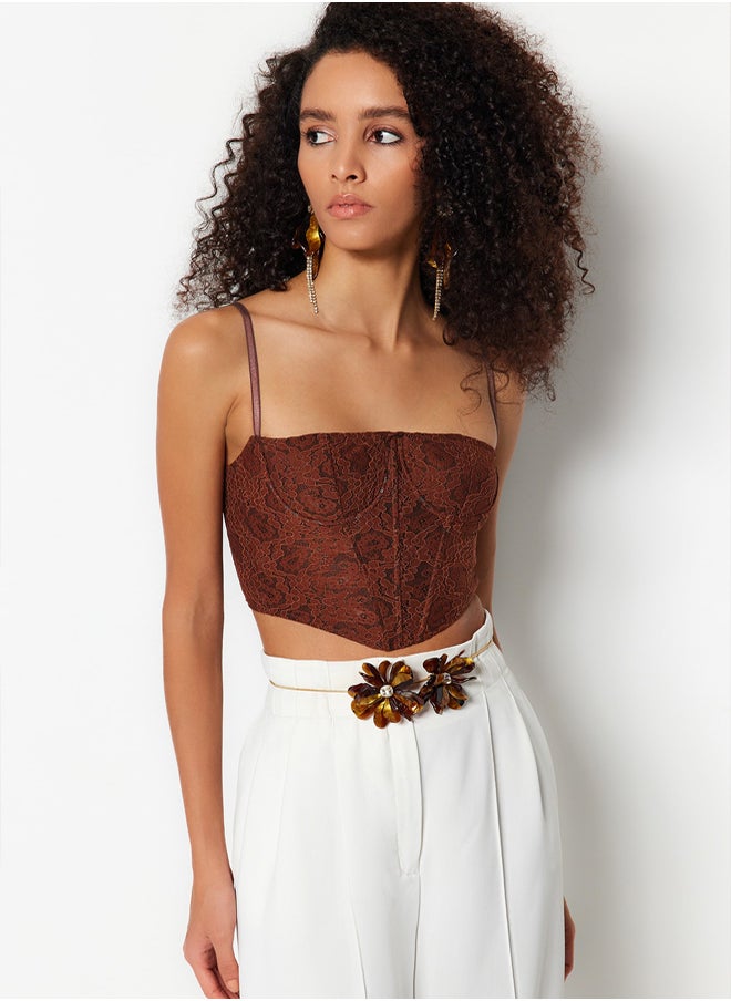 trendyol - Brown Crop Lined Corset Detailed Lace Bustier TPRAW23BS00072 - Image 1