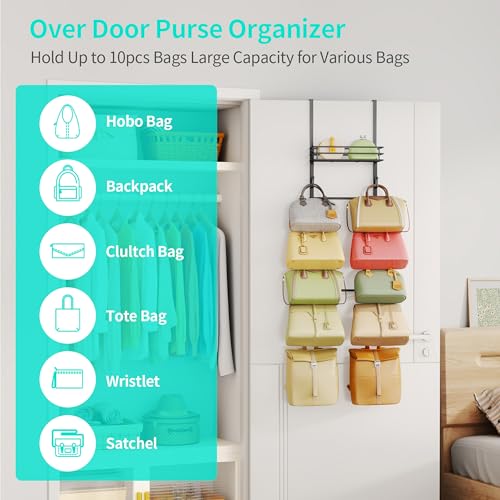 HapiRm Over The Door Purse Organizer Wall Mounted Purse Rack with 10 Hooks and Metal Basket Hanging Handbag Organizer Holds up to 10 Bags Bag Rack Can Use As 12 Part for Door Closet Black - Image 3