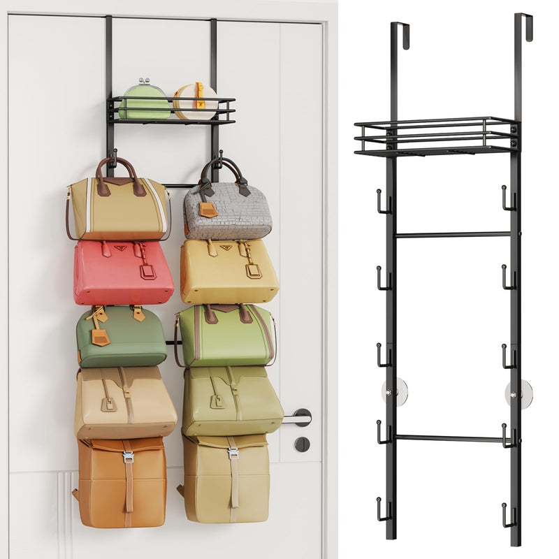 HapiRm Over The Door Purse Organizer Wall Mounted Purse Rack with 10 Hooks and Metal Basket Hanging Handbag Organizer Holds up to 10 Bags Bag Rack Can Use As 12 Part for Door Closet Black - Image 2