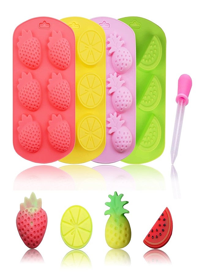 KRLIFCSL Fruit Shape Baking Mold Candy Molds including Pineapple Lemon Watermelon Strawberry, Ideal for Chocolate, Candy, Cake, Ice Cube & Jelly, Pack of 4 with 1 Dropper. (Fruit Mold) - Image 1